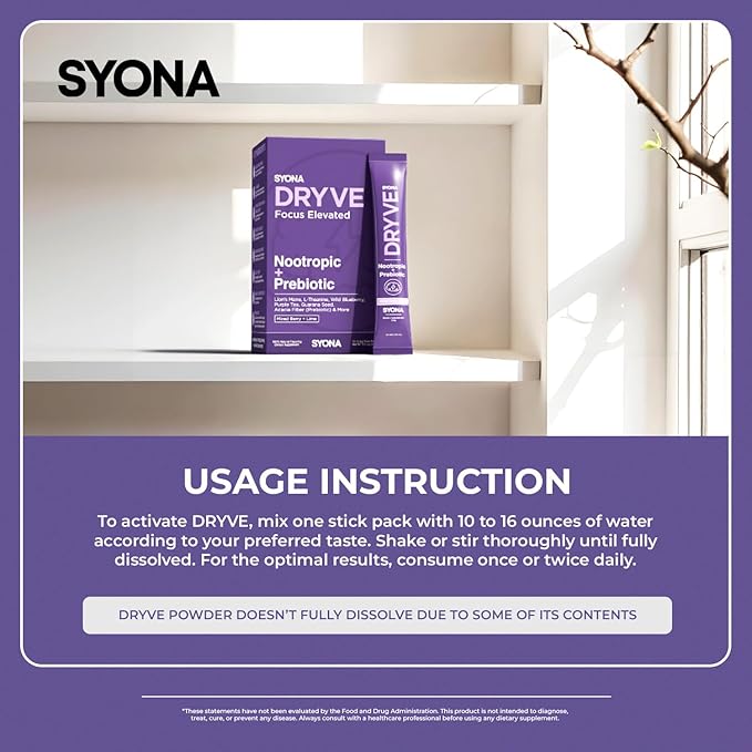 SYONA - DRYVE - Berry-Lime Nootropic Drink Mix - Focus and Energy with Lion's Mane Guarana Seed L-Theanine and Prebiotic Blend - 30 Stick Packs