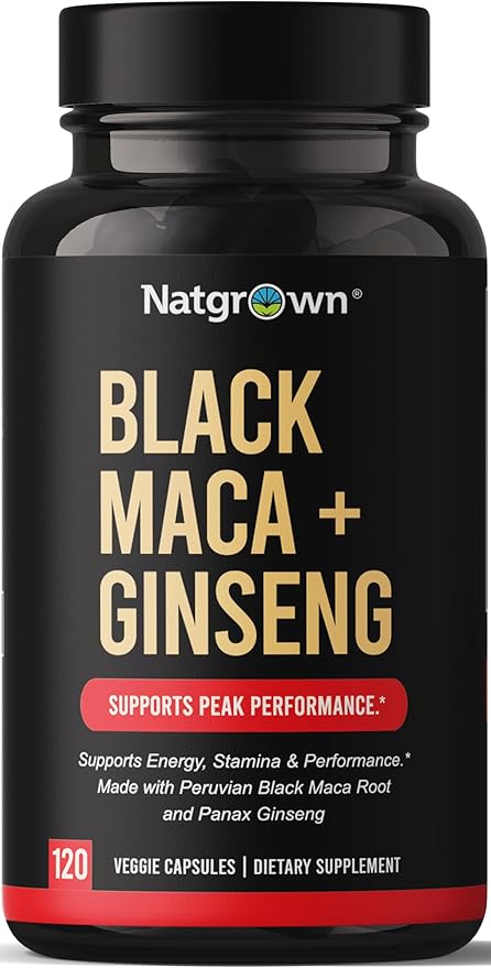 Natgrown Black Maca Root + Panax Ginseng Powder Capsules 1500 mg with Black Peruvian Maca Root &amp Korean Panax Ginseng Supplement for Men and Women - Vegan Pills (120 Count)