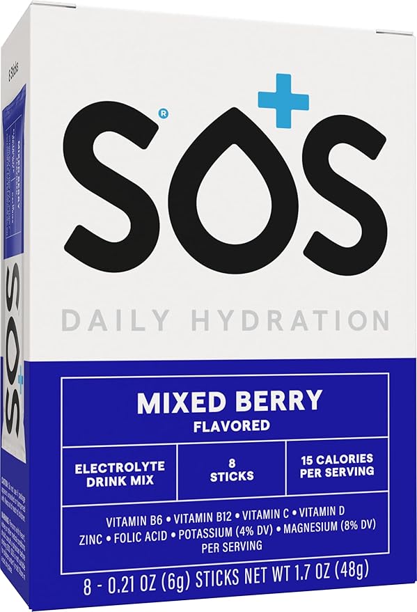 SOS Daily Electrolyte Stick Packets – Multi Pack | 24 Sticks | Rapid Hydration Powder with Electrolytes &amp Vitamins | Low Sugar Keto Friendly | 8 Mixed Berry | 8 Watermelon | 8 Rainbow Sherbert