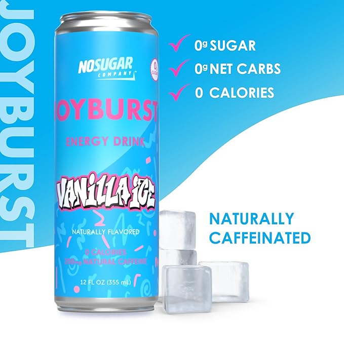 No Sugar Joyburst Energy Drink 0 Calorie 0 Sugar Sugar Free Energy Drink with Natural Caffeine Hint of Sweetness and Refreshing Sparkling Water - 12 Packs (Vanilla Ice 2 Pack)
