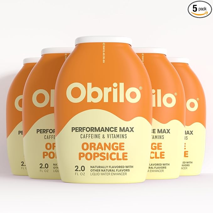 Obrilo Performance Energy Dye Free Water Enhancer - L-Theanine + Taurine + Vitamin Complex + Ginseng + Guarana Seed 2.0 Fl. Oz. x 5 Bottles (Orange Popsicle)