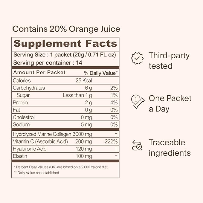 Ownist Triple Collagen Liquid Packets On-The-Go - Peptides with Hydrolyzed Marine Collagen Elastin Hyaluronic Acid and Vitamin for Healthy Skin - Orange Flavor - 14 Individual Stick Packs