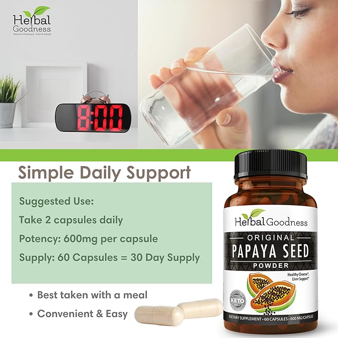 Herbal Goodness Papaya Seeds Powder Capsules - 600mg x 60 Pills Organic Papaya Digestive Enzymes (Papain) | Supports Gut Health Digestion &amp Colon Cleanse Broom 100% Natural Gluten Free Non-GM