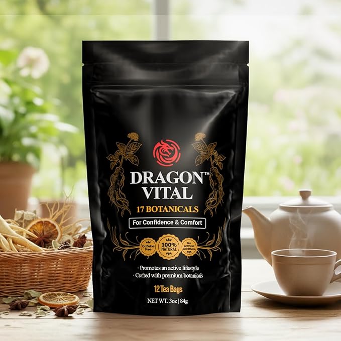 Dragon Vital Herbal Tea with Ginseng &amp Maca – Natural Energy Support | Caffeine-Free Botanical Blend for Vitality &amp Active Living | All natural - NON-GMO &amp No Preservatives |12 Tea Bags |
