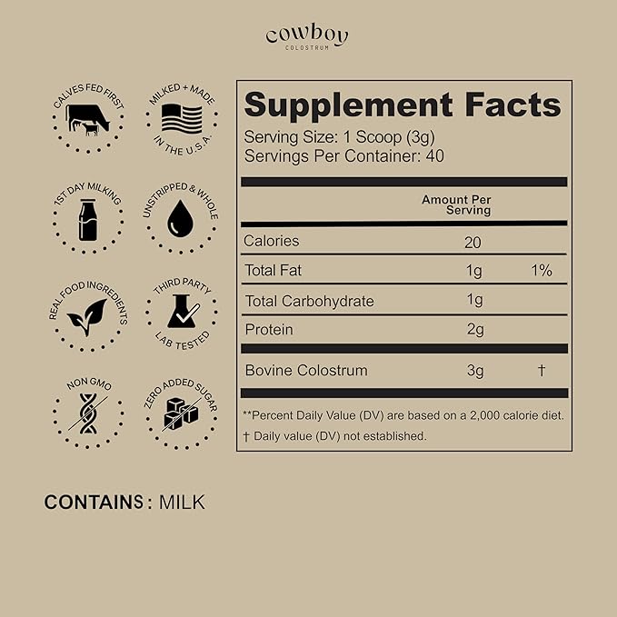 Cowboy - The Exclusive 1st Milking Whole Grass Fed Colostrum Supplement for Full Body Health - Bovine Colostrum Powder Packed w/Bioactive Nutrients - Sugar Free (Unflavored 40 Servings)