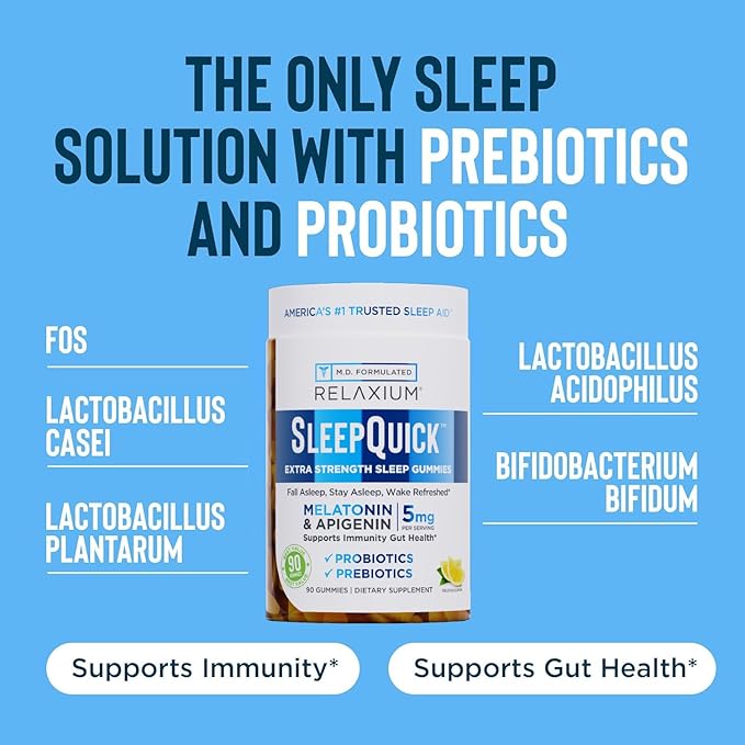 Relaxium SleepQuick Gummies - Sleep Aid + Gut Health &amp Immune Support 5mg Melatonin Vitamin D-3 + Prebiotic &amp Probiotic Blend Gluten &amp Drug Free Lemon Flavor 90 Gummies (Pack of 2)
