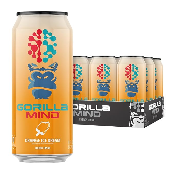 Gorilla Mind Energy Drink | Unmatched Energy · Amplified Focus | N-Acetyl-L-Tyrosine Alpha-GPC 200mg Caffeine Uridine Saffron | 0 Sugar Or Artificial Colors | 16oz 12-Pack (Orange Ice Dream)