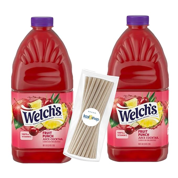 Welch's Juice Drink 96 fl oz Plastic Bottle 2 Pack + 15 Sugarcane Disposable Straws by Kool8shop Infinite Deals (2 Pack Fruit Punch)