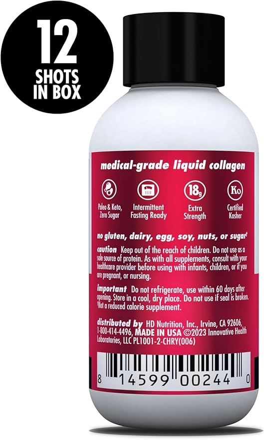 HEALTH DIRECT – Medical-Grade Liquid Collagen Shots – AminoSculpt Sugar-Free – Tart Cherry – 12 Servings (12pk 2oz Shots) – Good for Joints Bones &amp Sleep – Better Hair Skin &amp Nails