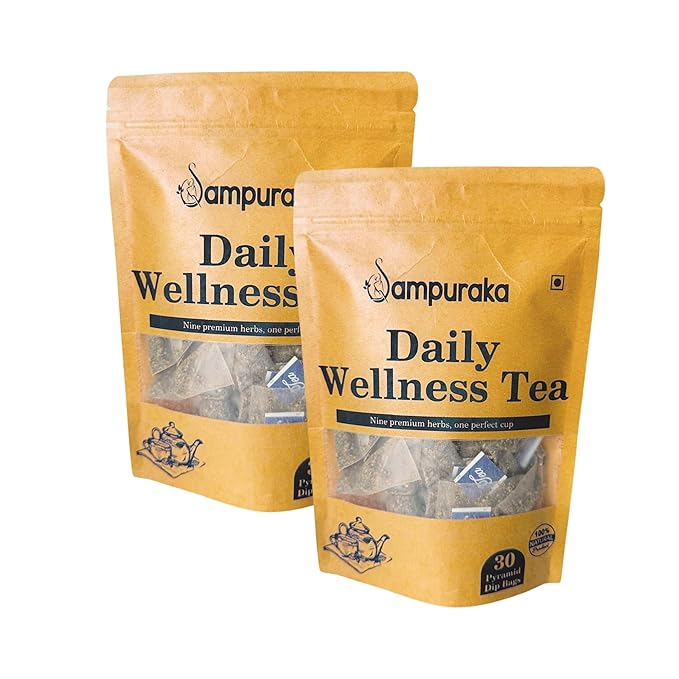 Sampuraka Daily Wellness Tea – Herbal Tea for Immunity &amp Relaxation Support with Turmeric Ashwagandha Ginger | Organic Caffeine-Free (60 Pyramid Tea Bags)