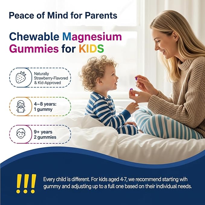 Kids Sleep Gummies NO Melatonin - Triple Magnesium Glycinate + Saffron GABA Berry &amp Nut Superfood Gummies Sugar Free Nighttime Sleep Aid &amp Calm for Kids 4+ Restful Sleep Brain &amp Muscl