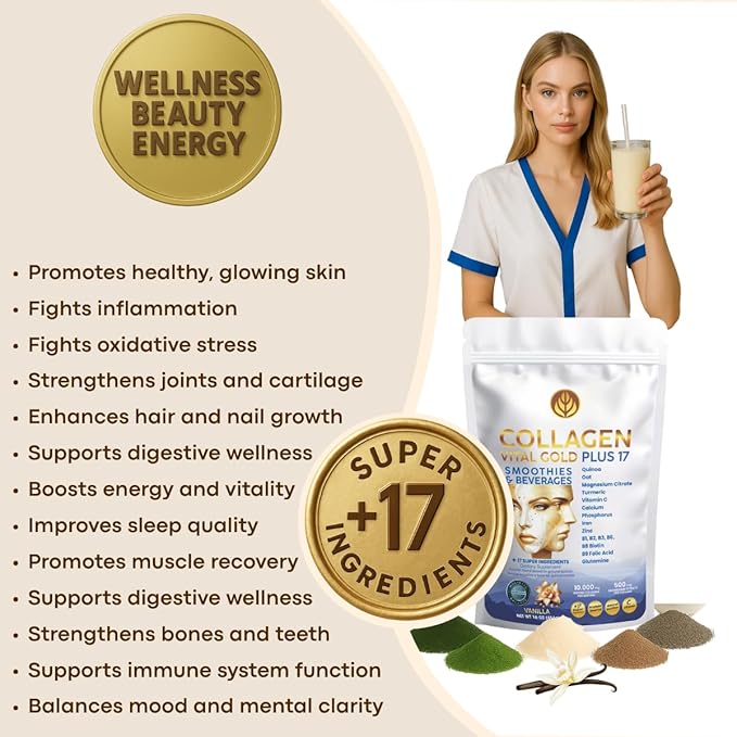 Vital Life Collagen Peptides Powder - Hydrolyzed Collagen with +17 Super Ingredients 1 lb Vanilla Flavor Supplement for Healthy Hair Skin Nails Bones Joints Collagen for Women &amp Men.