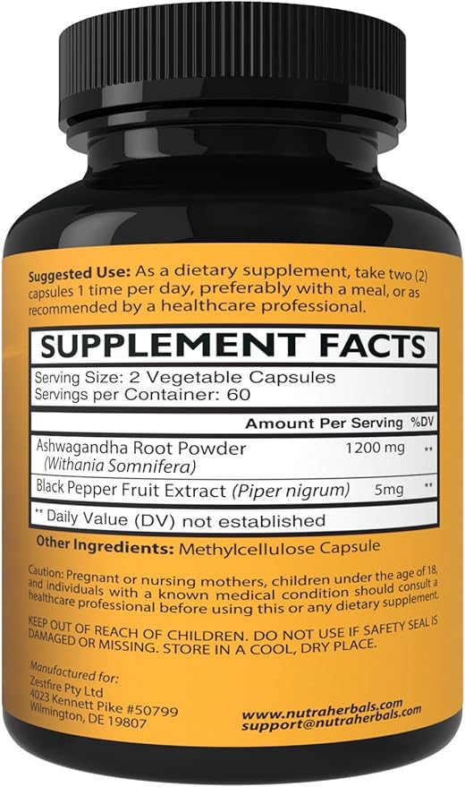 Ashwagandha Supplement Made with Premium Ashwaganda Root Powder 1200mg with Black Pepper Extract for Increased Absorption - 120 Vegi Capsules
