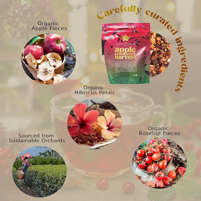 Apple Cranberry Harvest Tea Organic Loose Leaf Herbal Tea – Real Fruit Summer Juice Caffeine-Free Refreshing Sweet Iced Drink – 4 oz Resealable Bag (Makes 50 Cups)