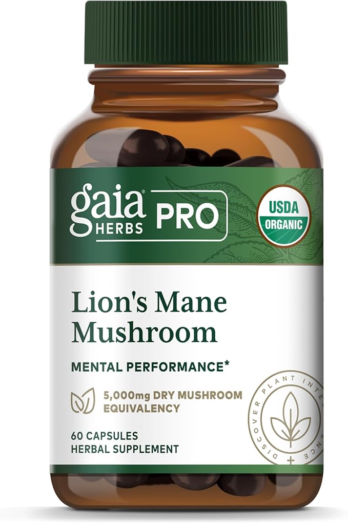 GAIA HERBS PRO Lion's Mane Mushroom - Supports Brain &amp Neurological Health* - Organic Mushrooms - 2500mg Per Serving - Gluten-Free - 60 Capsules (30 Servings)