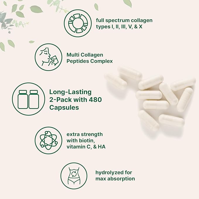 Micro Ingredients 2 Pack Multi Collagen Pills for Women &amp Men 480 Capsules | Type I II III V X | Hydrolyzed Protein Peptides with Biotin Hyaluronic Acid &amp Vitamin C | Keto &amp Paleo F