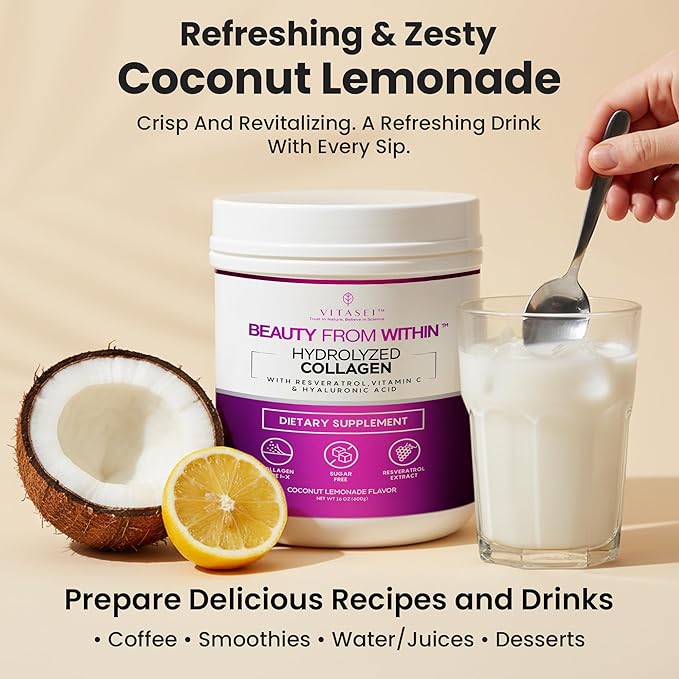 VITASEI Hydrolyzed Collagen Peptides Powder with Resveratrol &amp Vitamin C – Hair Skin &amp Joint Support – Colágeno Hidrolizado for Women &amp Men – Refreshing Coconut Lemonade Flavor 16 oz (30