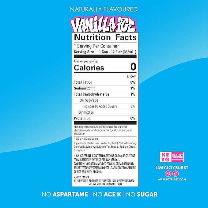 No Sugar Joyburst Energy Drink 0 Calorie 0 Sugar Sugar Free Energy Drink with Natural Caffeine Hint of Sweetness and Refreshing Sparkling Water - 12 Packs (Vanilla Ice 2 Pack)