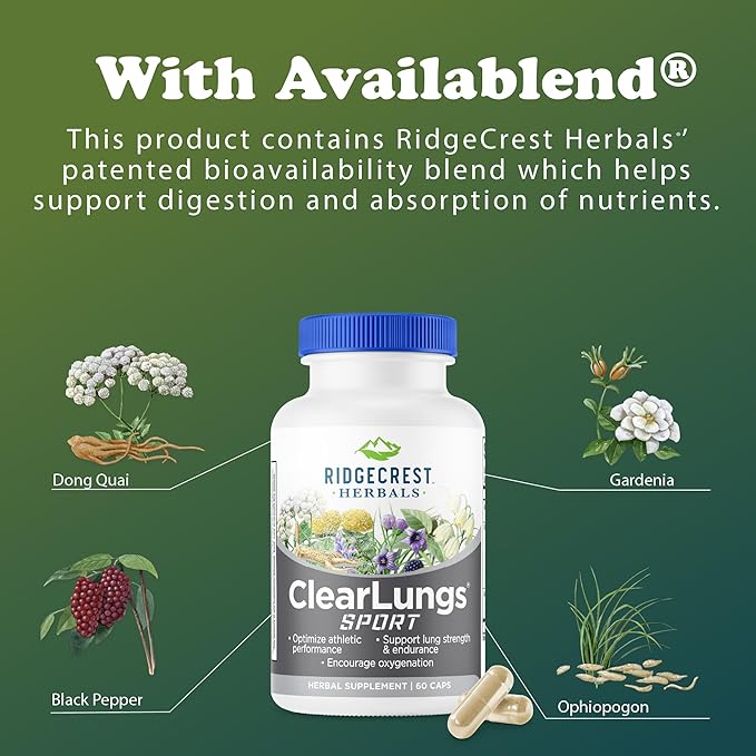 Ridgecrest Herbals ClearLungs Sport Oxygen Intake and Lung Support Formula with Cordyceps Rhodiola Eleuthero (60 Vegan Caps 30 Serv)