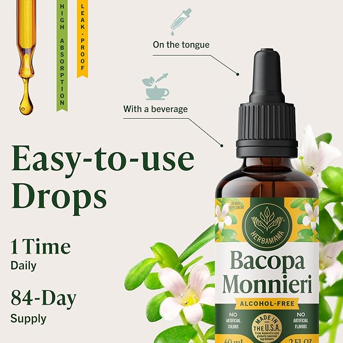 HERBAMAMA Bacopa Monnieri Supplement - Vegan Brain Focus and Clarity Support with Bacopa Extract Tincture - Non-GMO Alcohol &amp Sugar-Free Brahmi Herb Drops 84-Day Supply