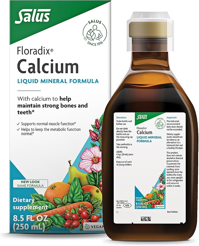Floradix Calcium Liquid Supplement - Supports Strong Bones &amp Teeth - Calcium Gluconate &amp Lactate - Gentle to Digest &amp Easily Absorbed - Vegan Non-GMO - 8.5 fl oz