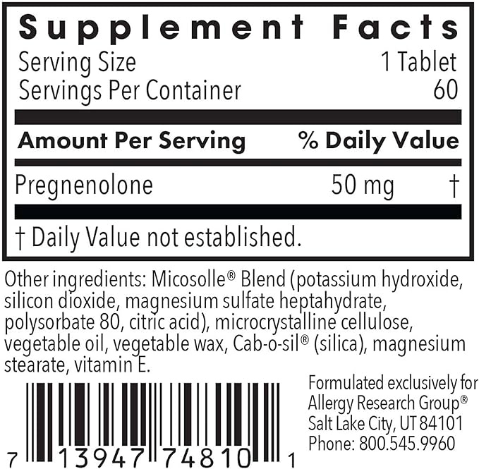 Allergy Research Group ARG Pregnenolone 50 mg - Micronized Hormone Precursor Support - Highly Bioavailable - Hypoallergenic - 60 Servings - 60 Scored Tablets