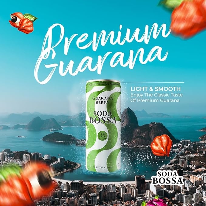 Soda Bossa Sparkling Soda Guarana Flavor Low-Calorie Gluten Free &amp Guilt-Free Sparkling Soda Drink - Natural Soda - Craft Soda 8-12 FL OZ Cans/Box (Pack of 1 Box)