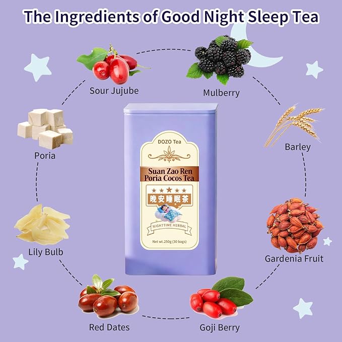 DOZO Good Night Sleep Tea Sleepytime Tea Poria Cocos Sour Jujube Kernel 8.8oz/250g(30bags) Jujube Goji Berry Gardenia Combined Herbs Soothe the Nerves &amp Support Sleep Wellness 酸枣仁茯苓百合 安神助眠 晚安睡眠茶