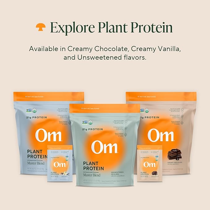OM MUSHROOM SUPERFOOD Master Blend Vegan Protein – Organic Chocolate Plant Protein with 10 Mushrooms Ashwagandha BCAAs &amp B12 – Energy Recovery &amp Immune Support – 10 Single Serves