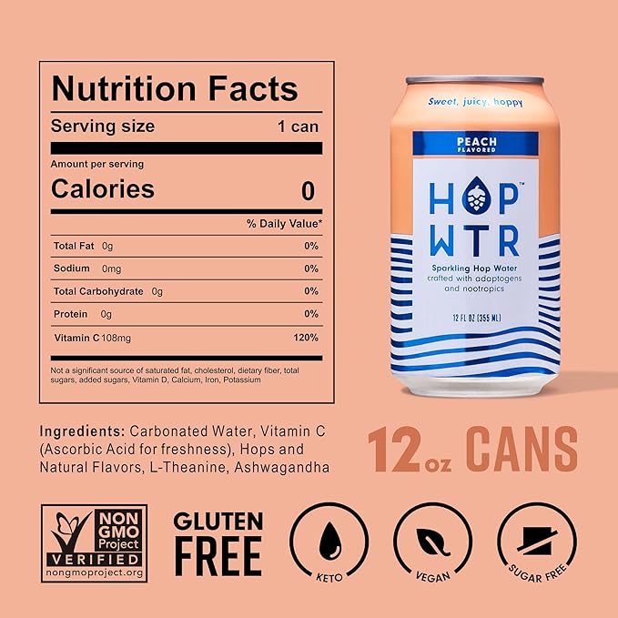 HOP WTR Sparkling Hop Water Peach 12 Pack Sugar Free Low Carb Non Alcoholic Drinks NA Beer Adaptogen Drink No Calories Adaptogens &amp Nootropics for Added Benefits 12 oz Cans