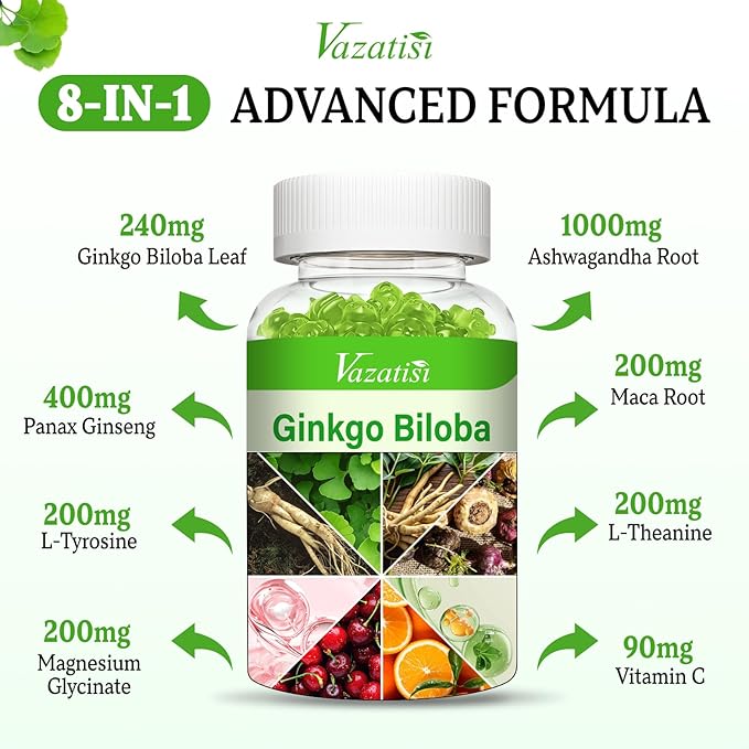 2 Pack Ginkgo Biloba Gummies 240MG with Panax Ginseng for Better Mood and Focus Booster Brain Health 120 Vegan Apple Flavor Gummies