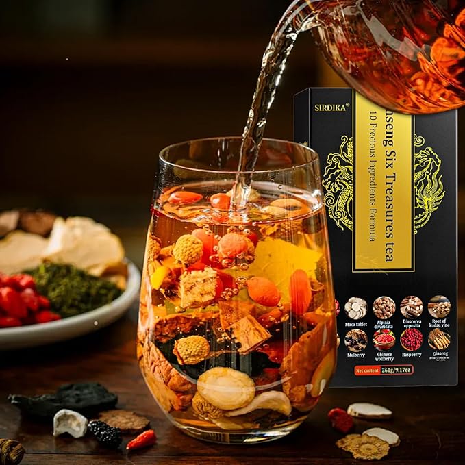 Kidney Tea Formula Ginseng Six Treasure Tea 10 Precious Ingredients Formula 260g/Box Ginseng Five Treasure Teabag Chinese Herbal Teas Support Kidney and Live Health for Men Women (20 bags/2Box)