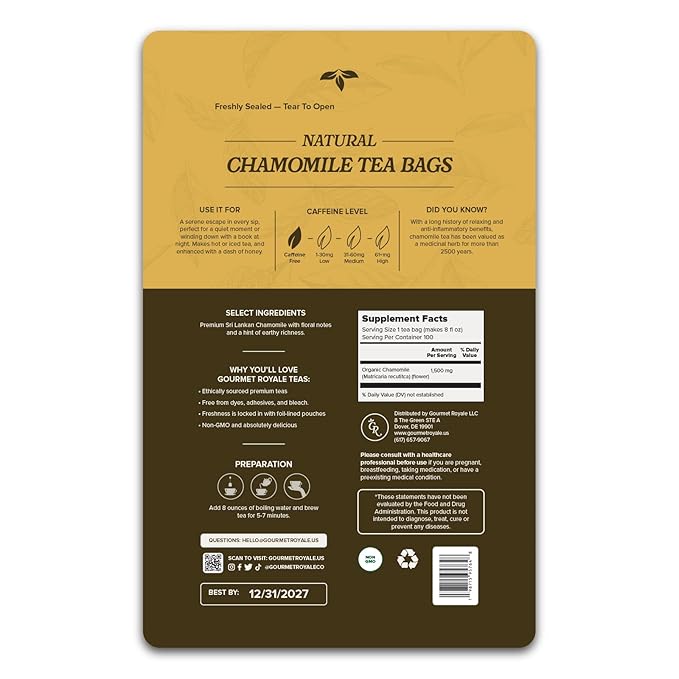 Gourmet Royale Chamomile Tea 100 Count Sustainable Tea Bags Caffeine &amp Sugar Free Premium Chamomile from Sri Lanka Resealable Bag Pure &amp Natural (Pack of 1)