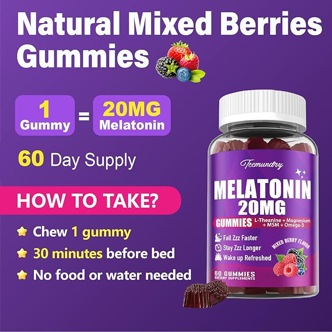 Melatonin Gummies 20mg for Adults - Maximum Strength Melatonin Gummies with L-Theanine Magnesium Omega-3 MSM D3 &amp Zinc - Non-Habit Forming Vegan Non GMO Natural Mixed Berry Flavor