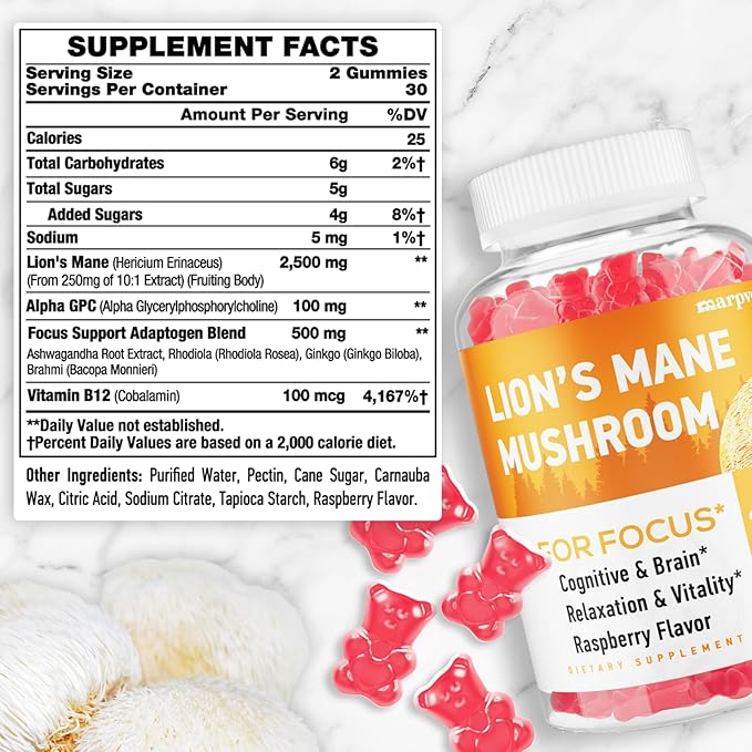 Lions Mane Gummies Organic Lion's Mane Lions Mane Gummies for Adults with Ashwagandha &amp Alpha GPC Cortisol Supplements for Women &amp Men 60 Counts
