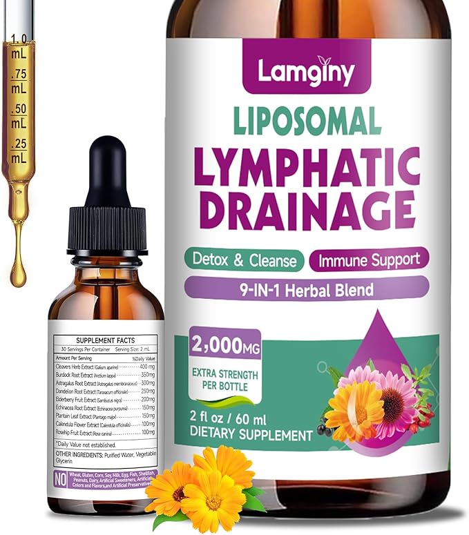 Liposomal Lymphatic Drainage Drops 9-In-1 Lymphatic Drainage Supplements for Detox &amp Cleanse with Echinacea Dandelion Elderberry Burdock Root &amp Cleavers Immune &amp Lymph System Support