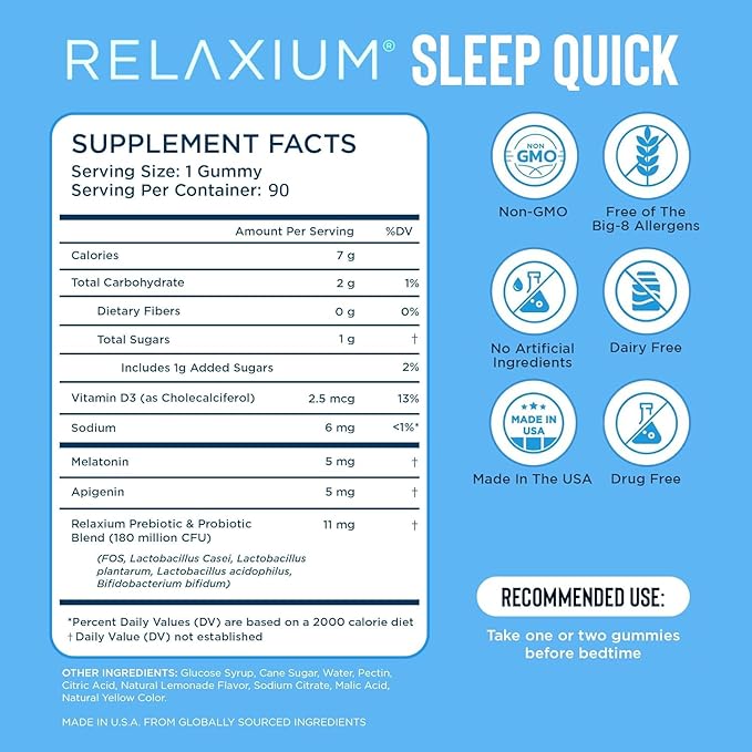 Relaxium SleepQuick Gummies - Sleep Aid + Gut Health &amp Immune Support 5mg Melatonin Vitamin D-3 + Prebiotic &amp Probiotic Blend Gluten &amp Drug Free Lemon Flavor 90 Gummies (Pack of 2)