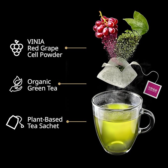 VINIA Signature Green Tea Bags Made with Organic Green Tea Infused with Piceid Resveratrol for Heart Health Nitric Oxide Physical Energy Alertness Blood Flow Keto Kosher NON-GMO. 30 Ct