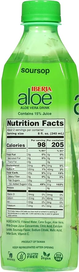 Iberia Aloe Vera Drink With Pure Aloe Pulp Soursop 16.9 Fl Oz (Pack of 24)