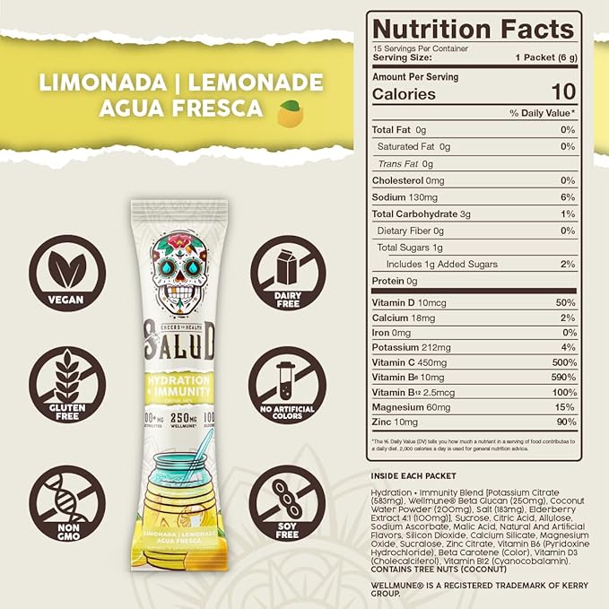 Salud 2-in-1 Hydration Packets + Immunity Electrolytes Powder Lemonade - Agua Fresca Drink Mix Elderberry Dairy &amp Soy Free Non-GMO Gluten Free Vegan Low Calorie 1g Sugar (15 Servings)