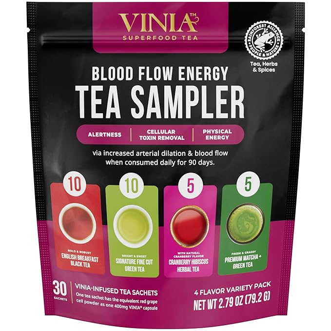 VINIA Tea Bags Sampler 4 Flavor Variety Pack. Made with Organic Teas Infused with Piceid Resveratrol for Heart Health Nitric Oxide Physical Energy Alertness Blood Flow Keto Kosher NON-GMO. 30