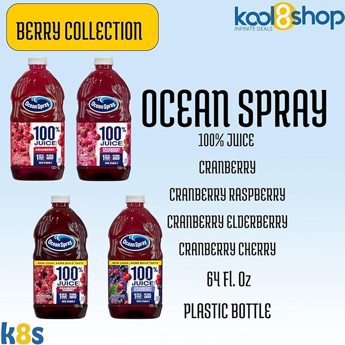 Ocean Spray 100% Berry Collection Fruit Juice No Added Sugar 64 fl oz 4 Pack + 15 Sugarcane Disposable Straws by KOOL8SHOP Infinite Deals