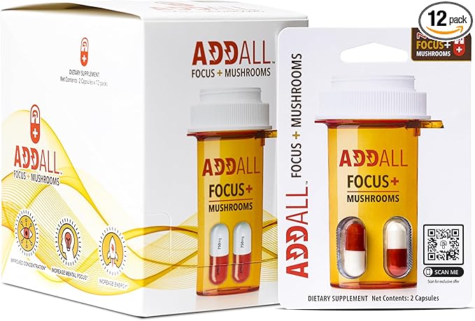 Addall Focus + Mushrooms Memory Supplement (12 Pack) #1 Effective Alternative Brain Supplement Substitute Pills Nootropic &amp Energy | No Crash | Science Backed Formula | 24 Capsules