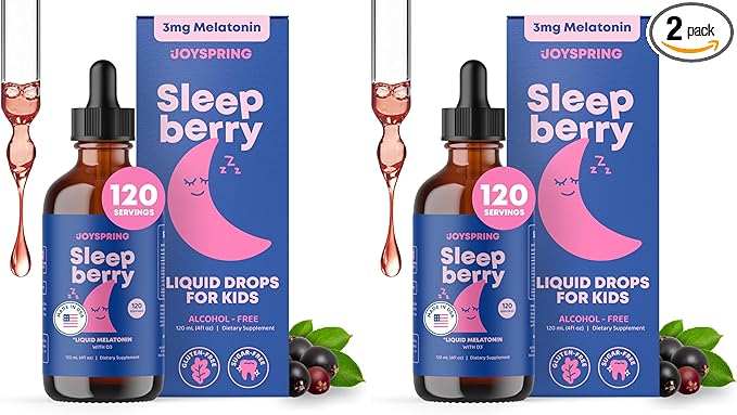 JoySpring SleepBerry - Kids Melatonin Liquid - 3MG Melatonin with D3 and Elderberry - Sugar-Free Liquid for Kids &amp Teens – Gentle Natural Sleep Support Formula (4 fl oz) (Pack of 2)