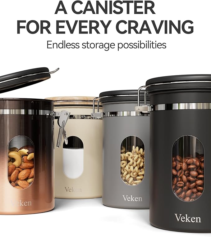 Veken Coffee Canister with WindowAirtight Stainless Steel Kitchen Food Storage Container Date Tracker &amp Scoop for Grounds Coffee Beans TeaFlourCerealSugar22OZCopper