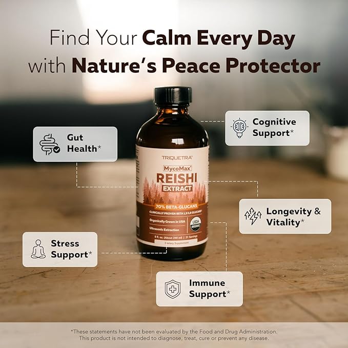 Organic Reishi Mushroom Extract - 70% Beta Glucans - Highest Active Nutrient Levels Max Potency Cordyceps Tincuture US Grown + Ultrasonic Extraction - Energy Immunity Sleep and Stress - 8 oz.