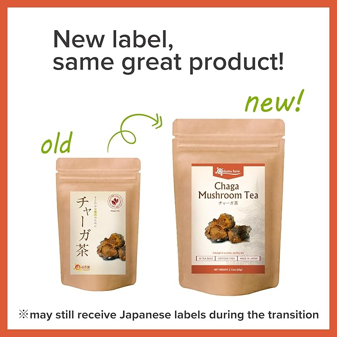 Onkatsu Farm Chaga Mushroom Premium Japanese Tea Bags Earthy Woody Flavor Hot or Iced Caffeine Free 30 Total Tea Bags
