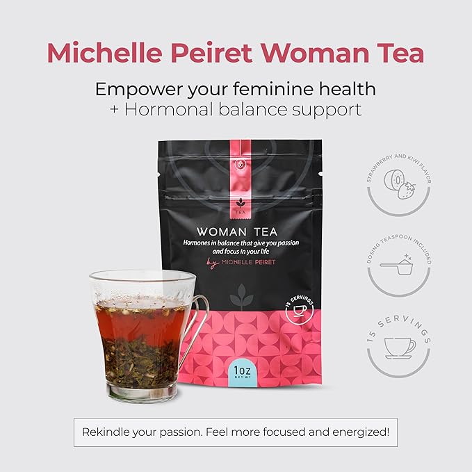 Michelle Peiret Herbal Tea for Women | Organic Green Tea with Tulsi Shatavari Fenugreek Rosehips Fennel Chamomile &amp Raspberry Leaf | Hormonal Wellness Energy Mood &amp Vitality | Strawberr