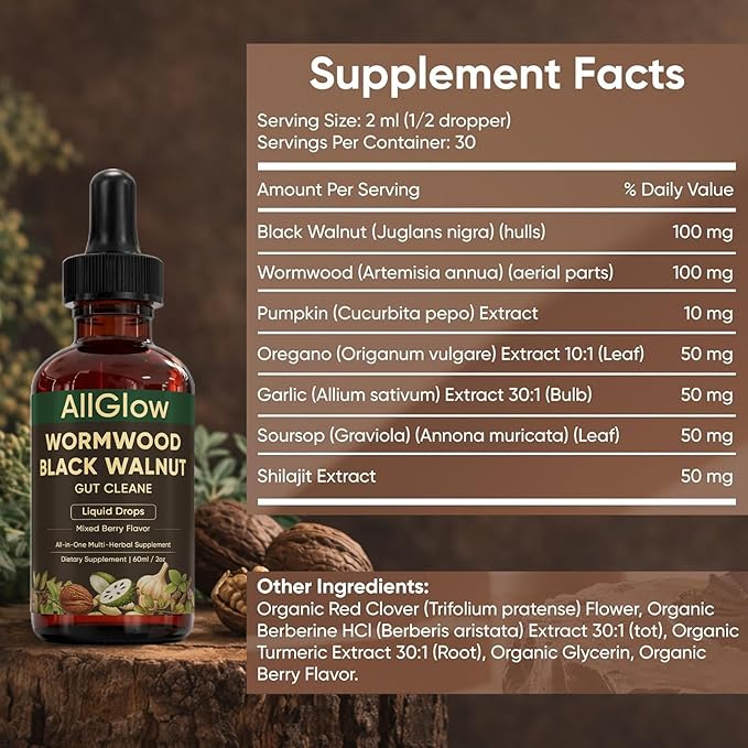 AllGlow Wormwood Black Walnut Gut Cleanse Black Walnut Wormwood Gut Cleanse with Soursop Pumpkin Seed PAU D'arco Gut Health &amp Absorption 60ml/2oz