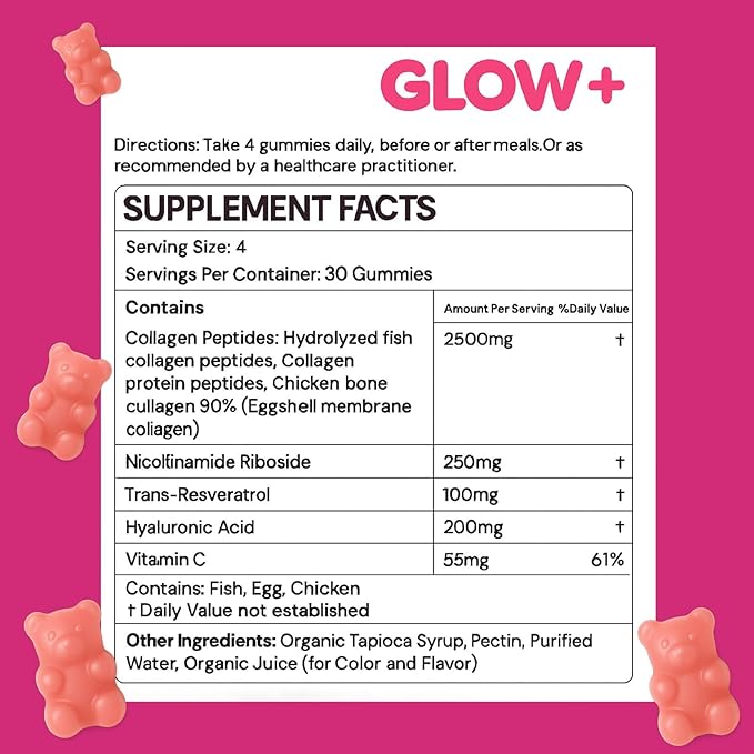 AIFBENK Jovi Glow+ NAD+ &amp Collagen Gummies with Hydrolyzed Collagen Peptides Resveratrol Hyaluronic Acid &amp Vitamin C Anti-Aging Supports Skin Hair &amp Nail Wellness Daily Vitality Gum